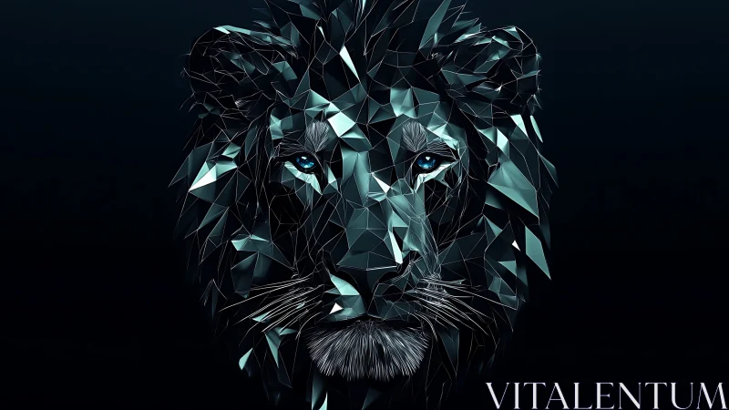 Midnight crystal lion with cool electric blue gaze.