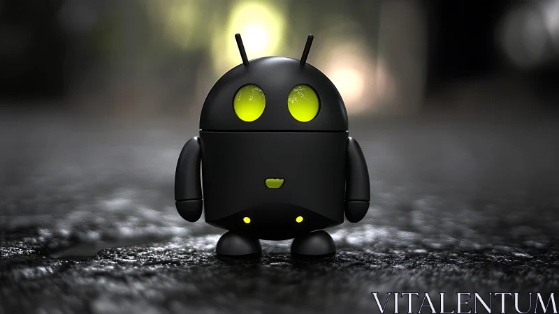 Small black robot figurine stands on wet textured ground