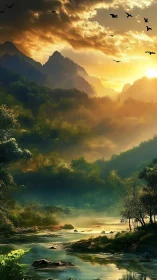 Golden sunrise bathes misty mountains and forest river.