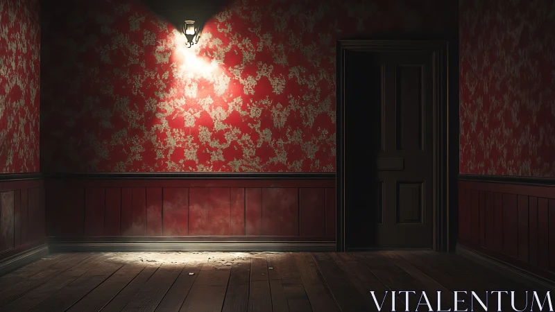 Dim hallway corner with red wallpaper and open door.