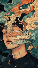 Surreal portrait with swirling chromatic smoke linework anatomy.