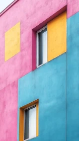 Geometric pastel facade with cyan, magenta and ochre panels.