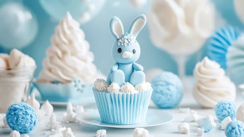 Pastel fondant rabbit cupcake in monochrome aqua dessert field.