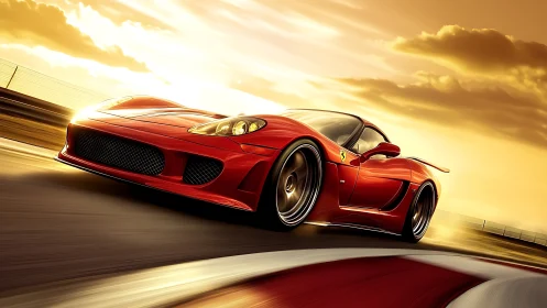 Red sports coupe on race track under warm sunset sky.