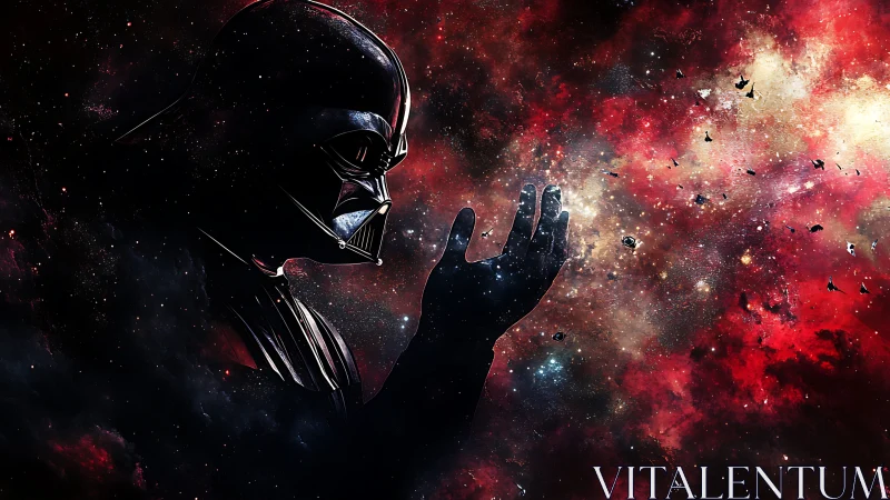 Helmed dark figure orchestrating nebular fragmentation field.