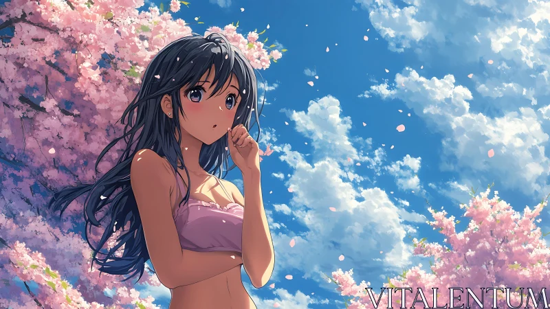 Anime girl under cherry blossoms with detailed sky rendering