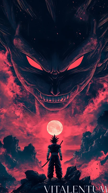 Solitary swordsman below giant red-eyed spectral face.