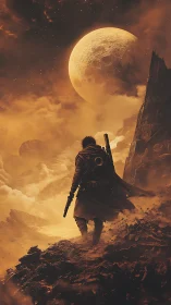 Lone wasteland ranger marching under a swollen ember moon.