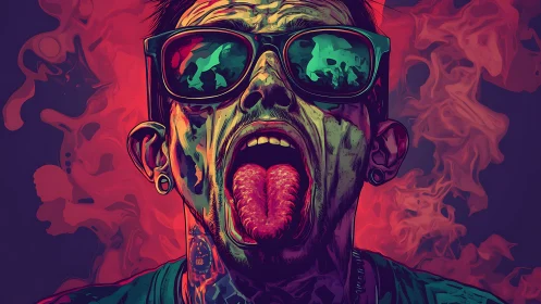 Neon rebel portrait with wild tongue and smoky dream glow.