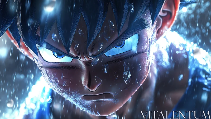 High-intensity anime portrait uses wet-surface shaders and rim lighting
