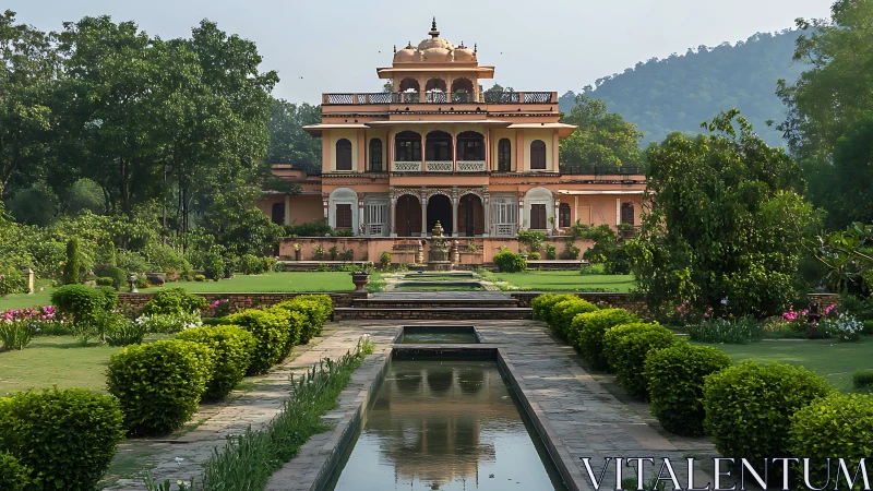 Symmetrical Mughal-style garden pavilion with axial water channel