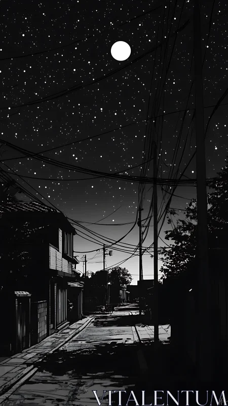 Moonlit cables quietly stitch a sleepy alley to the stars