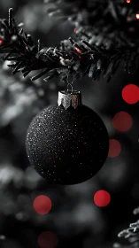 Black matte ornament glows against frosted pine bokeh.