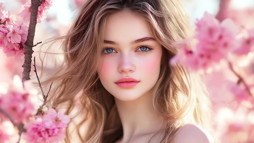 Digital portrait applies soft-depth bokeh amid saturated cherry blossoms