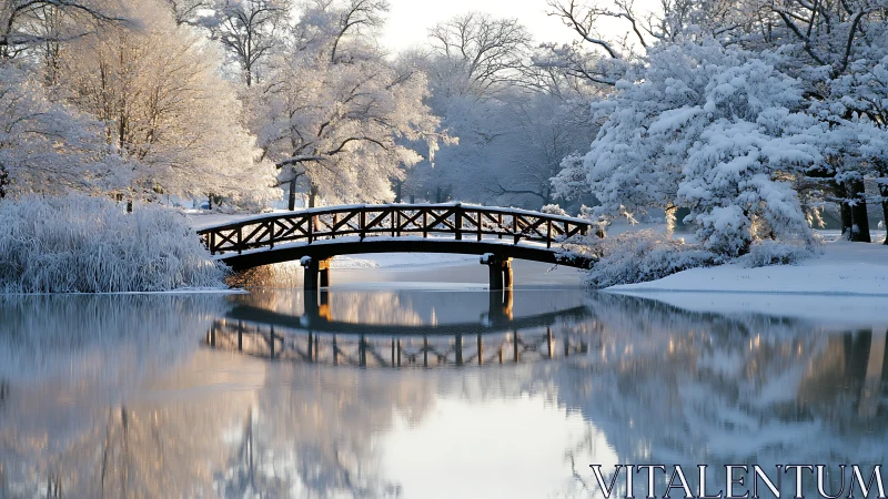 Snow covered wooden bridge over calm winter river scene.