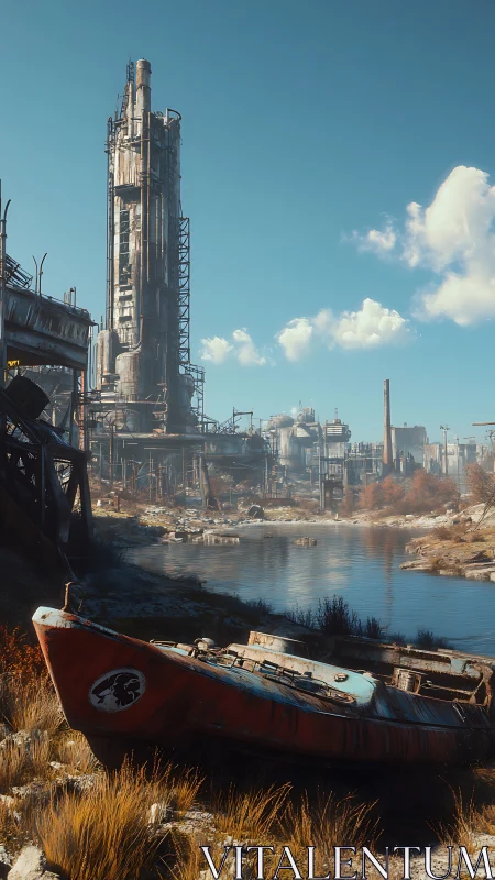 Derelict boat below rusted refinery in clear daylight.