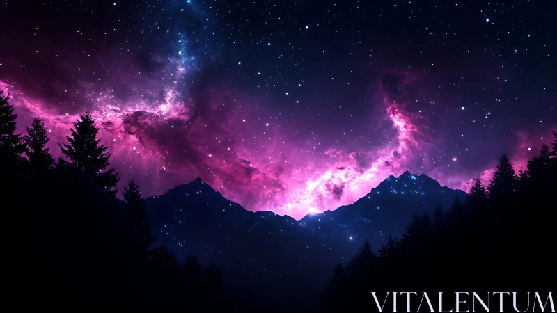 Nebular magenta sky arches over silhouetted conifer ridgeline at night