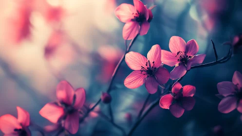 Pink Cherry Blossom Clusters with Selective Focus Bokeh Background