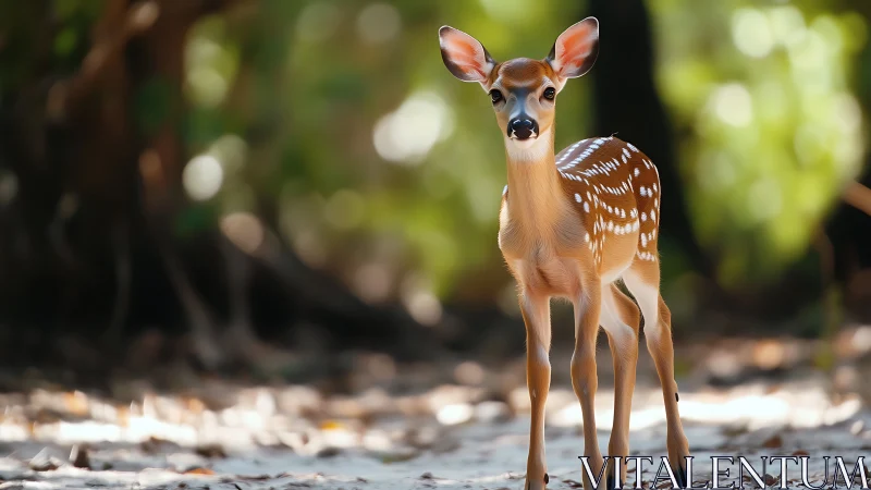 Photorealistic fawn portrait in shallow-depth forest lighting.