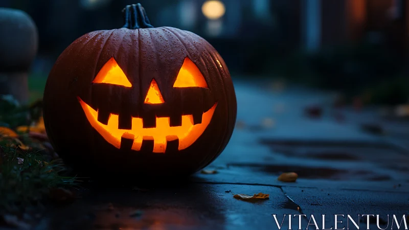 Illuminated carved pumpkin sits on wet pavement at dusk