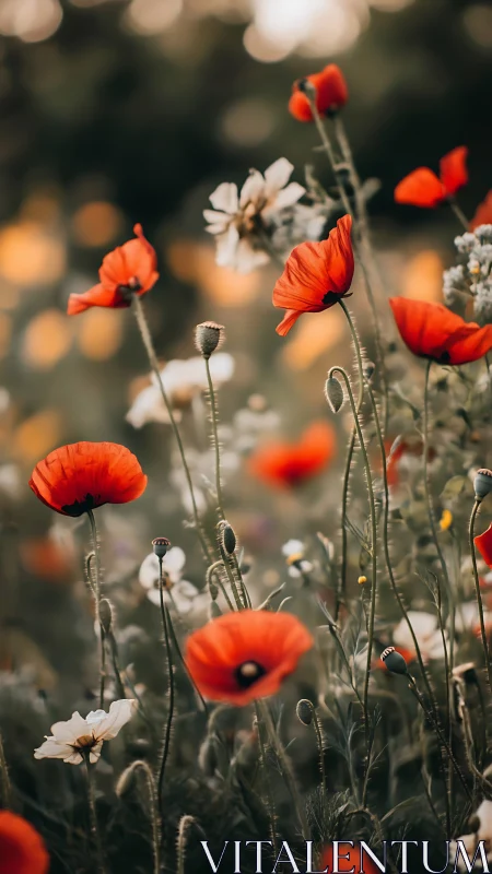 Red poppies with white flowers in soft focus garden.