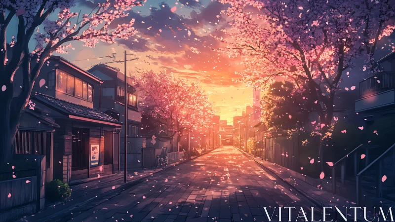 Sunlit cherry blossom street rendered in atmospheric anime style