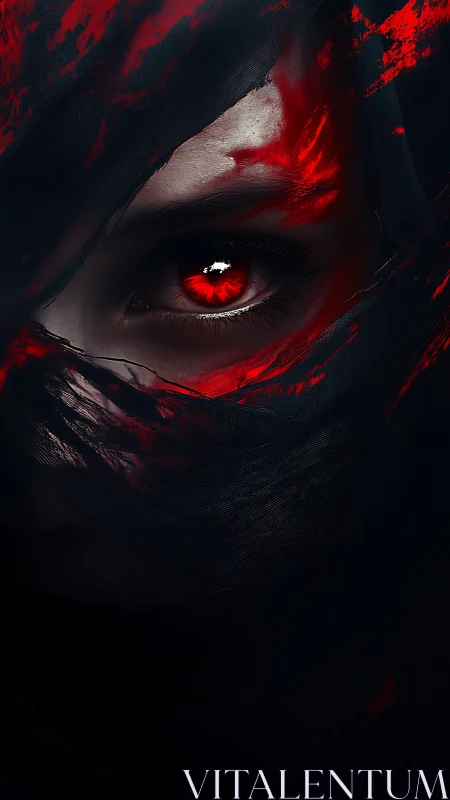 Scarlet gaze glows through shadowed cloth and silent night