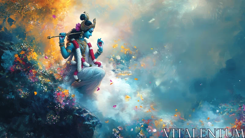 Divine blue figure with flute amid luminous celestial mist.