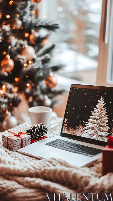 Cozy holiday workspace with laptop beside glowing tree.