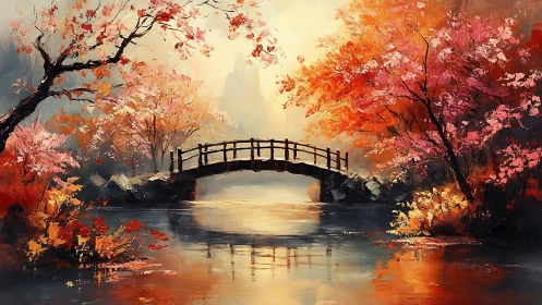 Autumn bridge glows above a tranquil misty woodland river