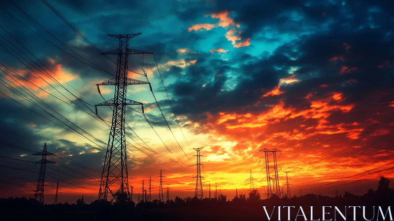 High-voltage transmission towers against saturated sunset sky