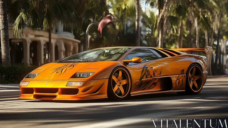 Sunlit orange supercar prowls palm-lined boulevard in style.