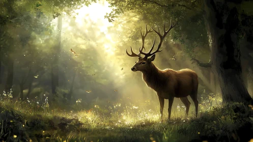 Majestic stag stands in golden forest light beams. Period.