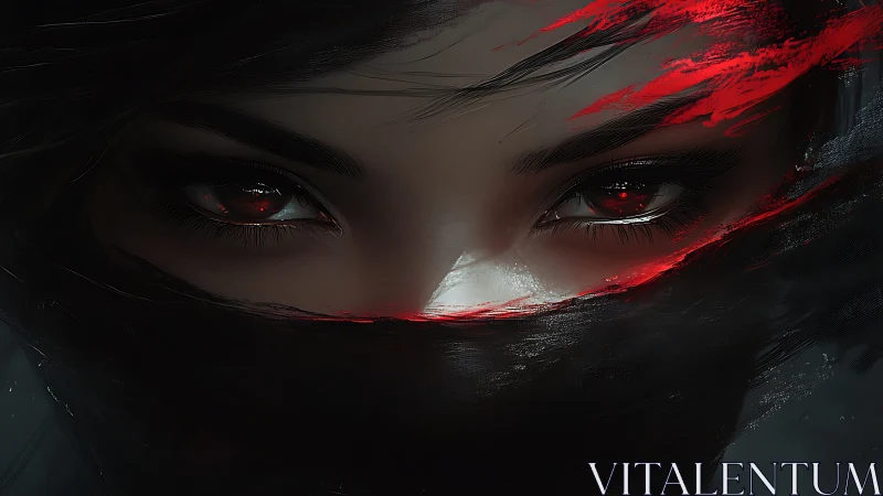 Mysterious masked gaze glowing with bold crimson light.