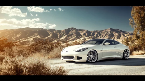 White sports coupe gleams under desert mountain sunlight.