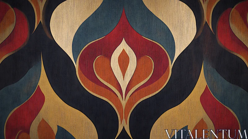 Curved flame-like geometric pattern in warm muted tones.