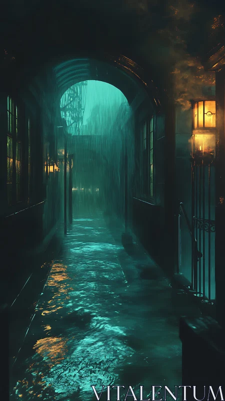 Narrow covered passage with rain and reflective puddles.