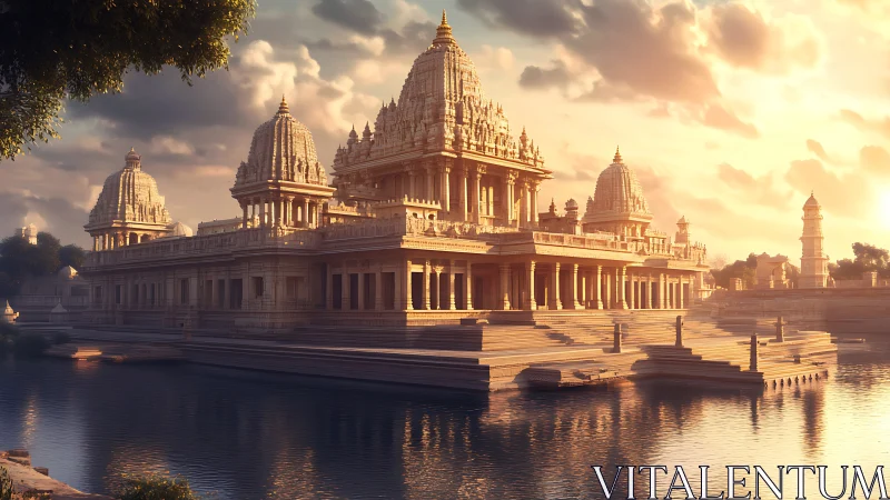 Sunlit riverside temple complex in serene golden haze.