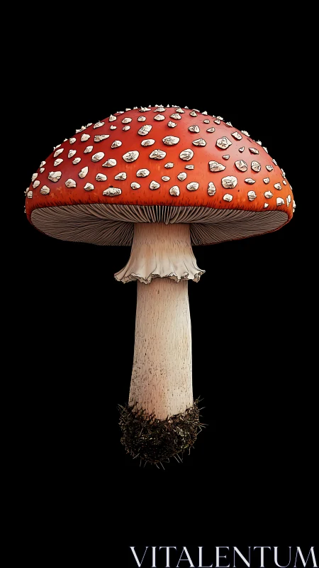 Fly agaric mushroom cross-sectional profile on pure black field