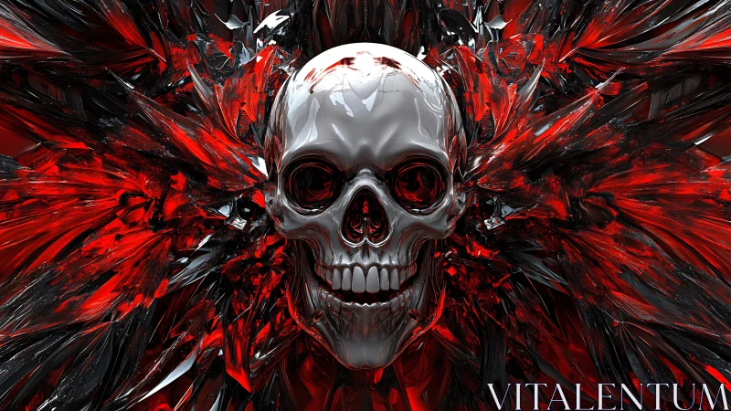 Metallic skull amid red and black shattered shards.