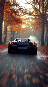 Sports car on autumn woodland road in motion blur.