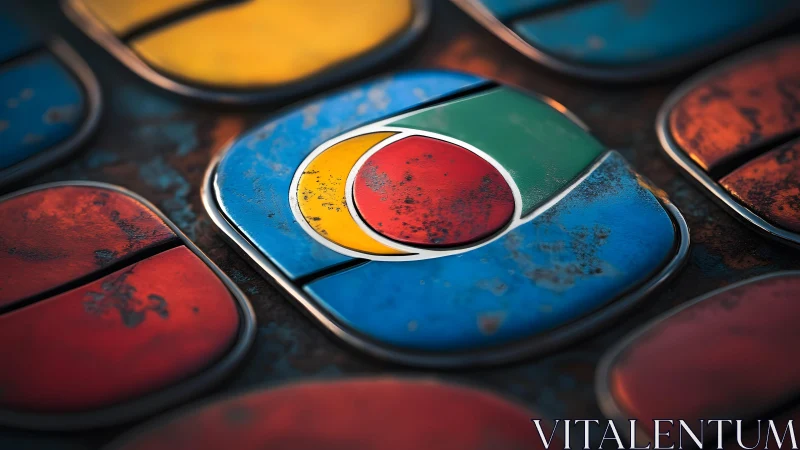 Vintage Google Chrome Logo on Grungy Metal Buttons, Macro Style.