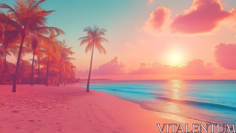 Neon-lit tropical shoreline renders stylized sunset color gradients