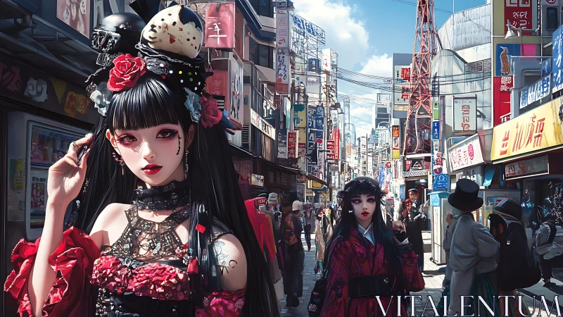 Gothic styled anime figures in dense urban street scene.