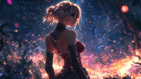 Warrior woman stands in glowing forest at twilight.