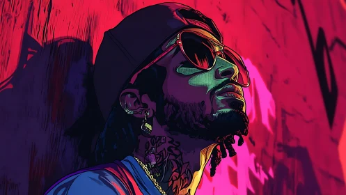 Neon rooftop dreamer bathing in electric magenta glow.