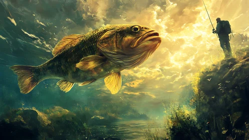 Colossal golden fish confronting lone angler at sunset sky.