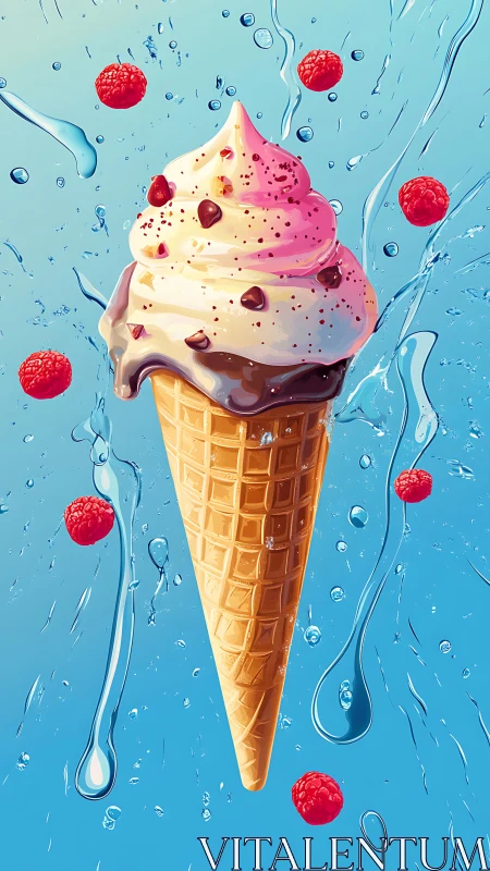 Raspberry splash cone swirling through a sugarblue sky.