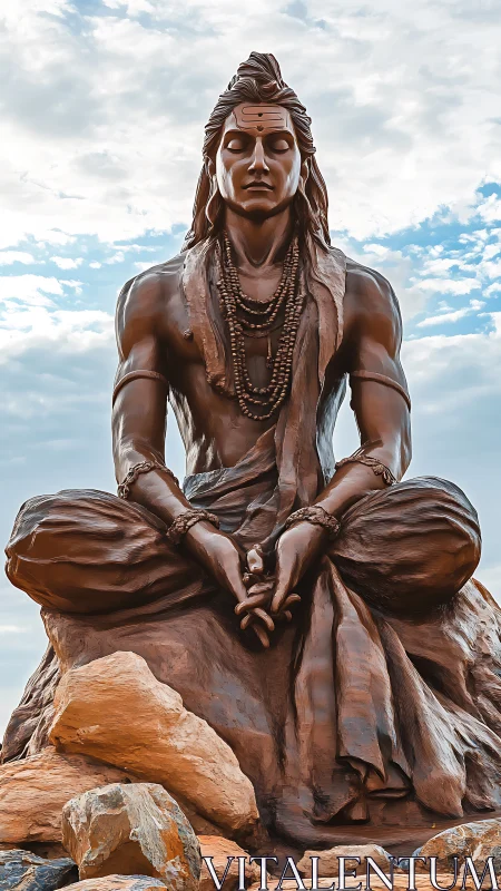 Large bronze meditating deity statue against cloudy sky.