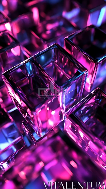Geometric glass cubes under pink and blue neon lighting.